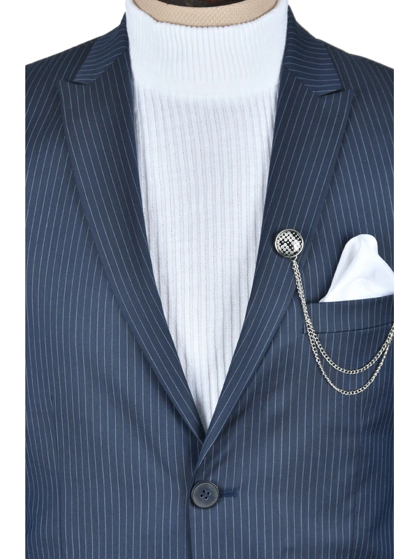 Deepsea Çizgili Çift Düğme Çift Yırtmaç Slim Fit 2li Takım Elbise 2300314
