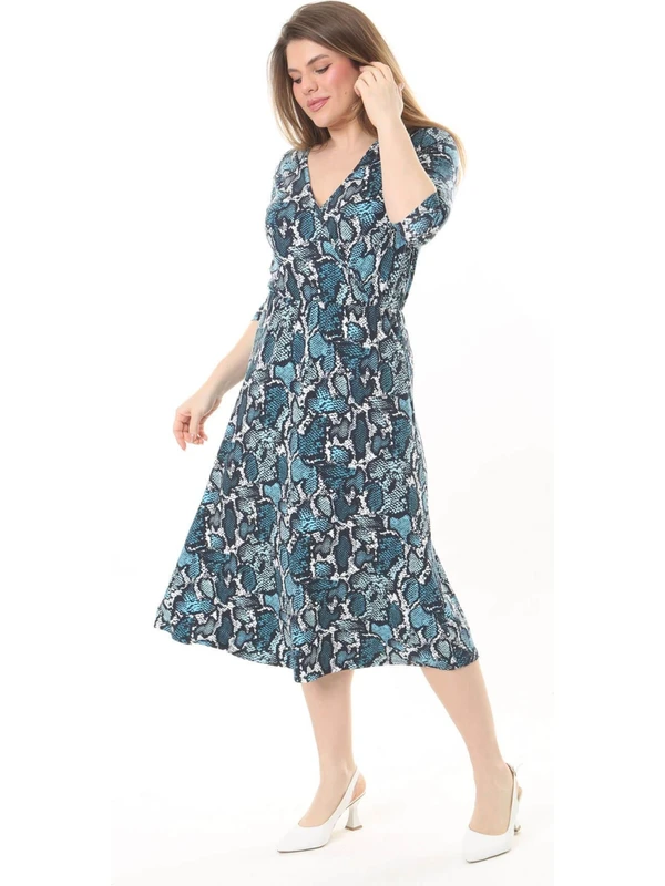 Mooi XXL Kadın Mavi Yılan Desen Kruvaze Yaka Esnek Bel Büyük Beden Elbise