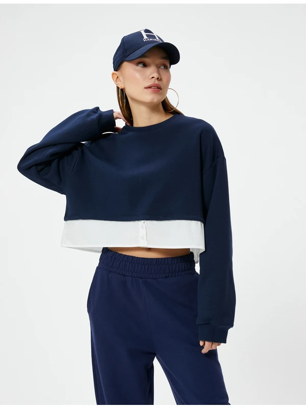 Koton Crop Sweatshirt Çift Kumaş Detaylı Renk Kontrastlı Bisiklet Yaka