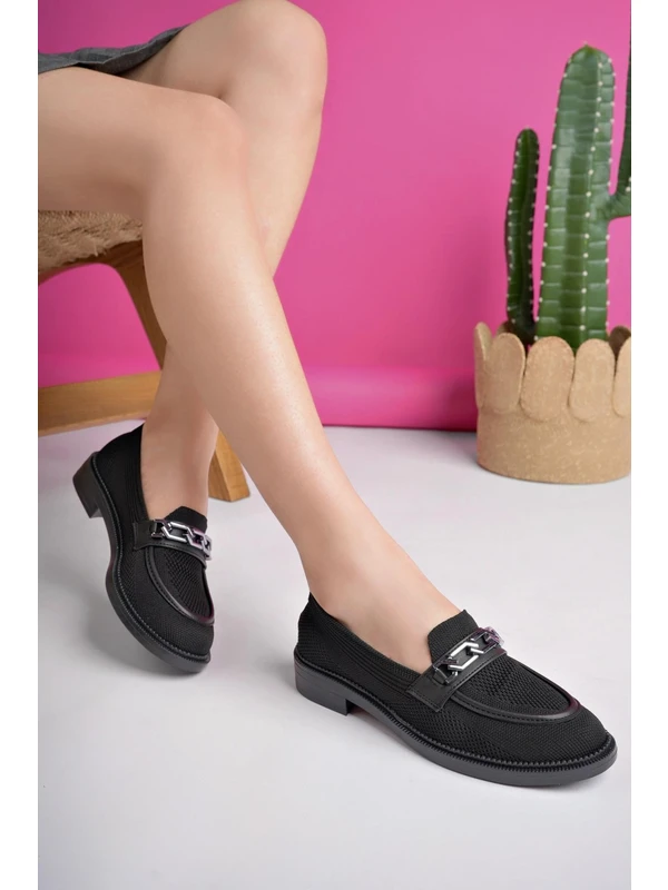 Muggo Viola Garantili Triko Metal Tokalı Kadın Loafer Günlük Ayakkabı