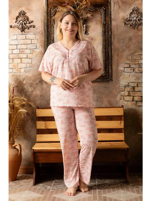 Lukitus Bambu Pamuk V Yaka Kısa Kol Büyük Beden Kadın Pijama Takımı Lukitus