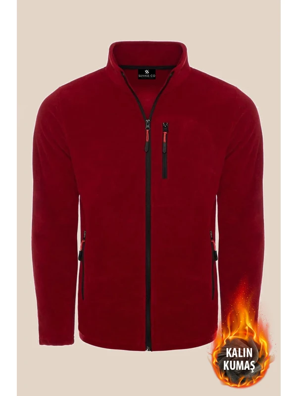 Suvass Co Suvv Erkek Bordo Polar Tam Fermuarlı 3 Cepli Kalın Outdoor Polar Ceket Tactical Fleece