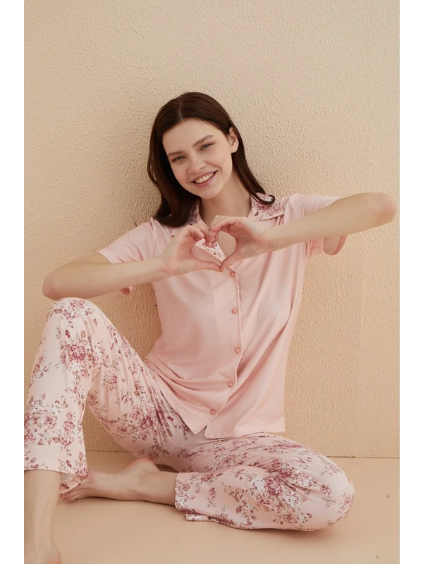 Bie's Kadın Çiçekli Gömlek Yaka Önden Düğmeli Kısa Kol Yazlık Pijama Takımı