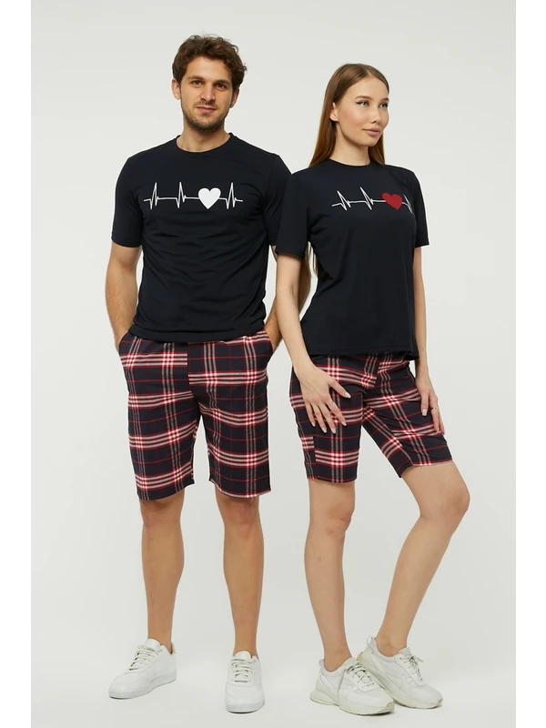 Yhg Tekstil Çift Kombin Sevgili Kombini Pijama Takımı Şortlu Takım Kalp Atışı