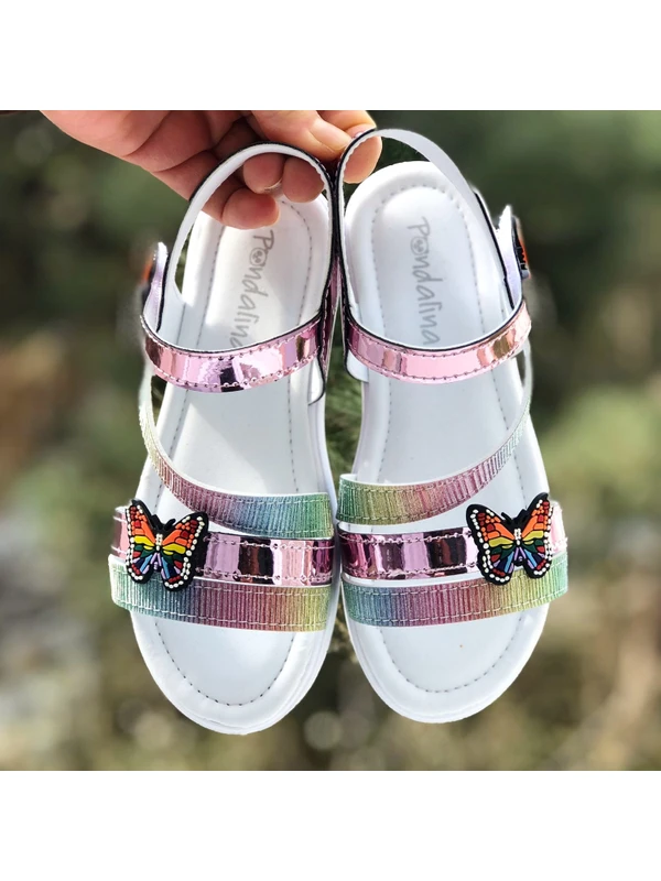 Pandalina Kız Çocuk Renkli Kelebekli Sandalet , Bantlı Sandalet , Renkli Taşlı Sandalet ,cırt Cırtlı Sandalet