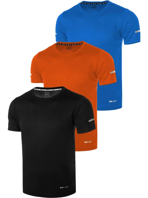 Genius Store 3'lü Erkek Nem Emici Hızlı Kuruma Atletik Teknik Performans Spor T-Shirt Drıfıt-Kısakol3