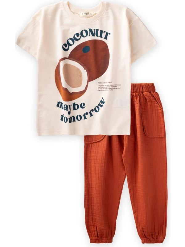Cigit Organic Pantolonlu Coconut Baskılı T-Shırt Takım 3-10 Yaş Ekru