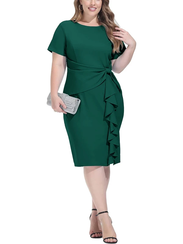1fazlası Kadın Büyük Beden Zümrüt Yeşili Bel Drapeli Fırfırlı Büyük Beden Abiye Elbise