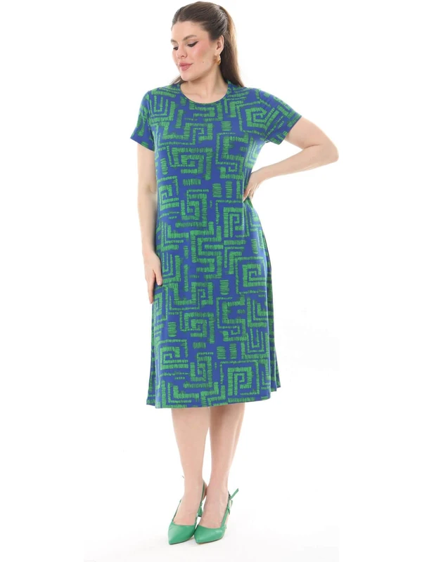 Mooi XXL Kadın Mavi Yeşil Labirent Desen Midi Elbise