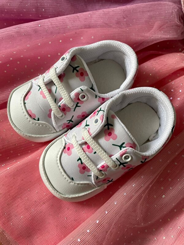 Lete Kız Bebek Ilk Adım Converse Modeli Beyaz Çiçekli Ayakkabı