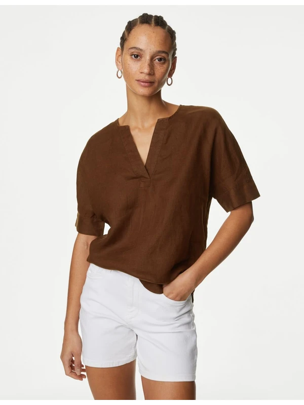 Marks & Spencer Kısa Kollu Keten Popover Bluz