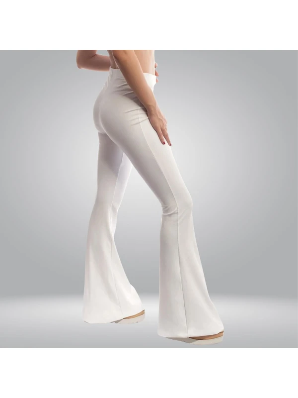 Mimu Store Mimustore Kadın Beyaz Ispanyol Paça Dalgıç Kumaş Toparlayıcı Tayt Pantolon