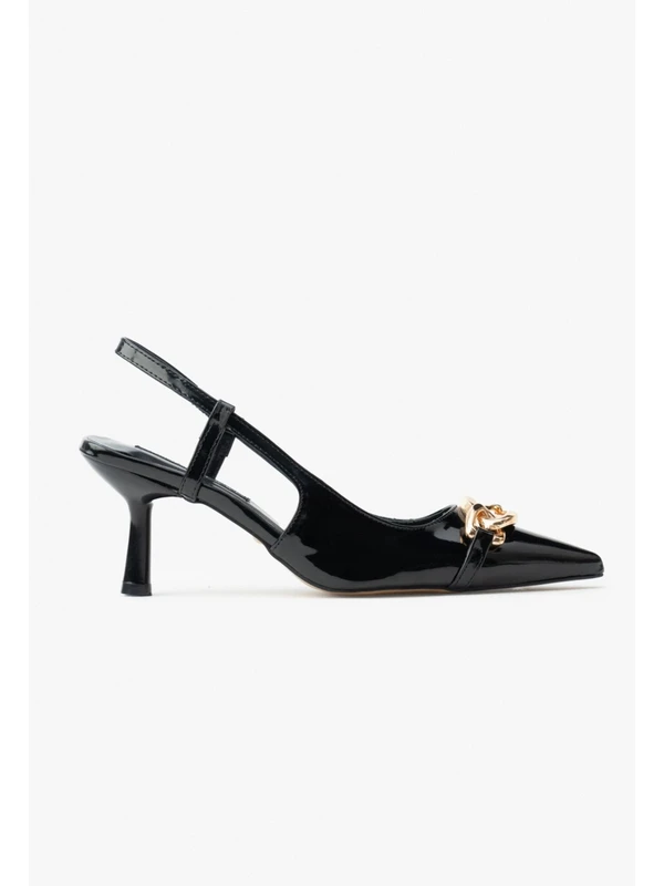 Nişantaşı Shoes Adela Siyah Rugan Aksesuar Detay Kadın Topuklu Ayakkabı