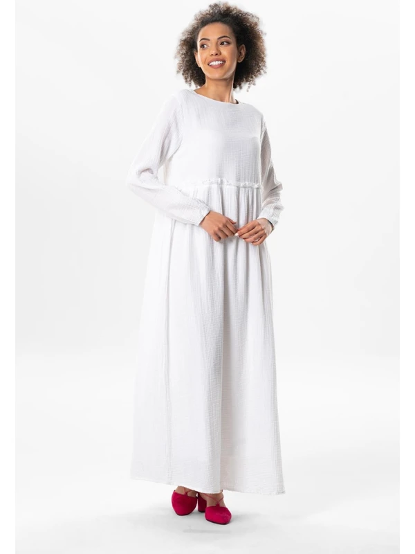 Eliş Şile Bezi Uzun Kol Oylum Robalı Uzun Yazlık Müslin Elbise Beyaz Byz