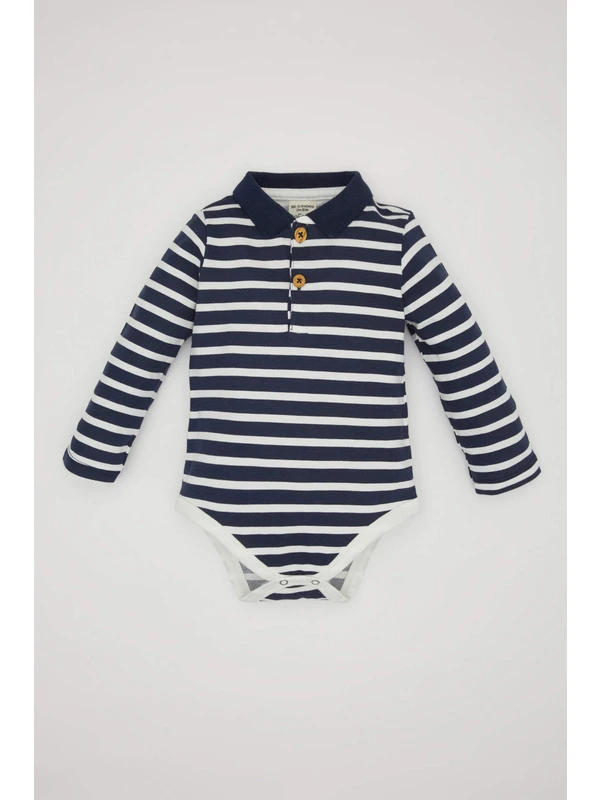 DeFacto Erkek Bebek Yeni Doğan Polo Yaka Çizgili Pike Uzun Kollu Çıtçıtlı Body C1554A524SM
