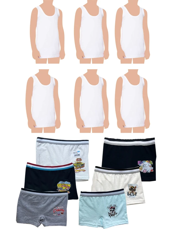 Belifanti Collection Erkek Çocuk Pamuklu 6'lı Beyaz Atlet 6'lı Karışık Renk Boxer 12 Parça Set