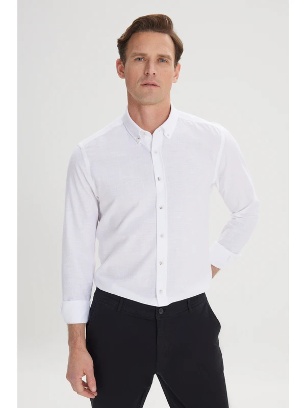 AC&Co / Altınyıldız Classics Erkek Beyaz Slim Fit Dar Kesim %100 Pamuk Armürlü Düğmeli Yaka Casual Gömlek