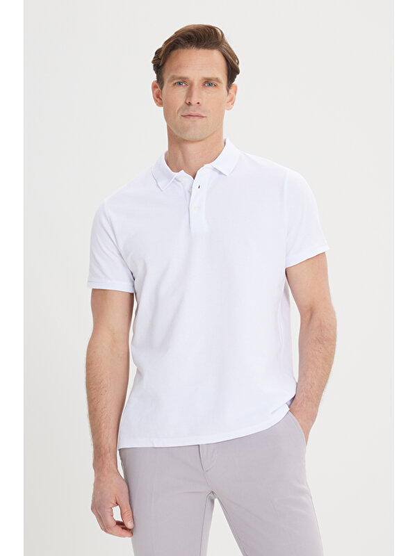 ALTINYILDIZ CLASSICS Erkek Beyaz %100 Pamuk Kıvrılmaz Polo Yaka Slim Fit Dar Kesim Tişört
