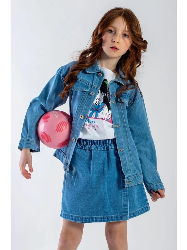 Gomlek Yaka Uzun Kol Arka Kısmı Dugme Detaylı Cep Kapaklı Mavi Renk Kız Çocuk Ceket