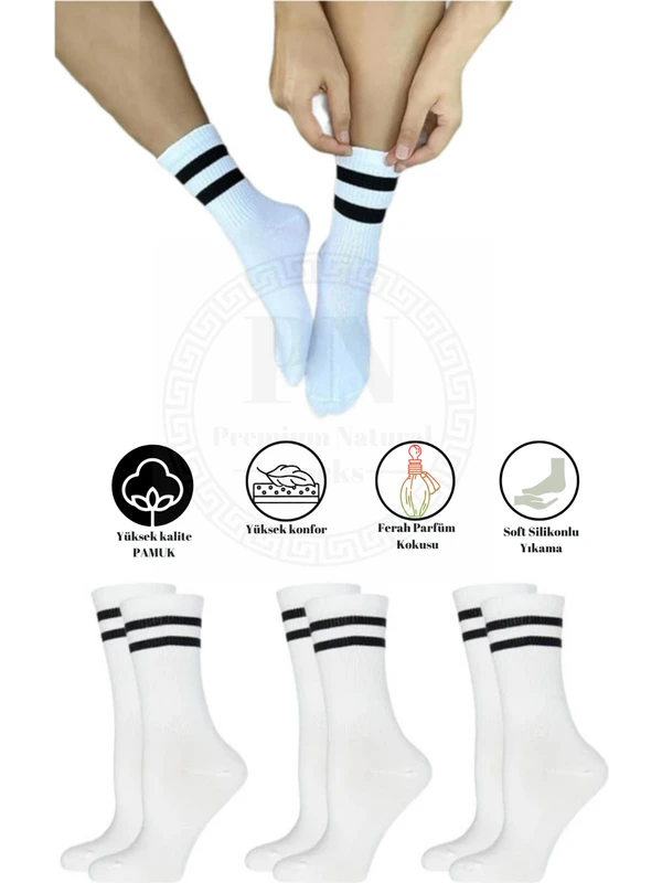 Premium Natural Socks Bambu  Beyaz Tenis Kolej Çizgili Premium Kutulu Dikişsiz Soket Çorap 3'lü