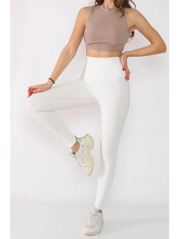 Mimu Store Kadın Beyaz Dalgıç Kumaş Yüksek Bel Toparlayıcı Tayt Pantolon