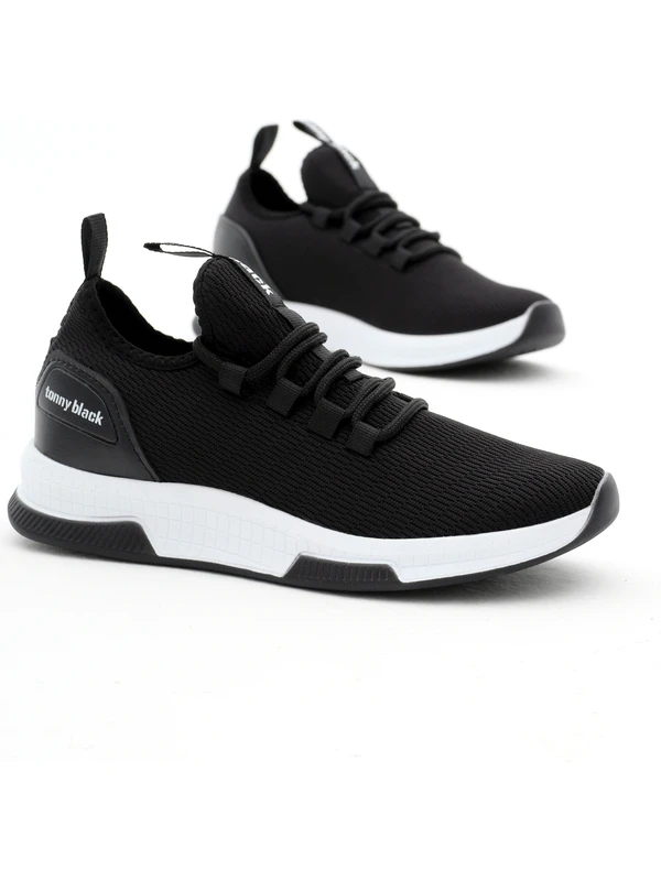 Unisex Siyah Beyaz Nefes Alabilen Kumaş Poli Taban Bağcıklı Spor Ayakkabı