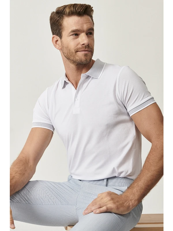 AC&Co / Altınyıldız Classics Erkek Çekmeyen Pamuklu Kumaş Slim Fit Dar Kesim Beyaz Kıvrılmaz Polo Yaka T-shirt