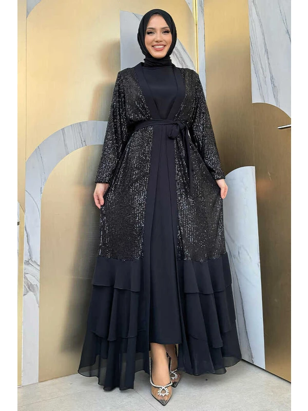 Bym Fashion Pulpayet Işlemeli Abaya ve Elbise Takım 8483 Siyah