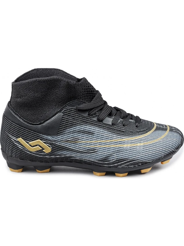 29676 Çoraplı Siyah - Altın Rengi Çim Halı Saha Krampon Futbol Ayakkabısı