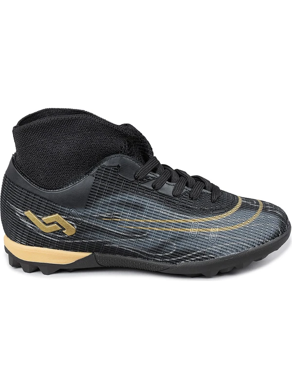 29677 Çoraplı Siyah - Altın Rengi Halı Saha Krampon Futbol Ayakkabısı