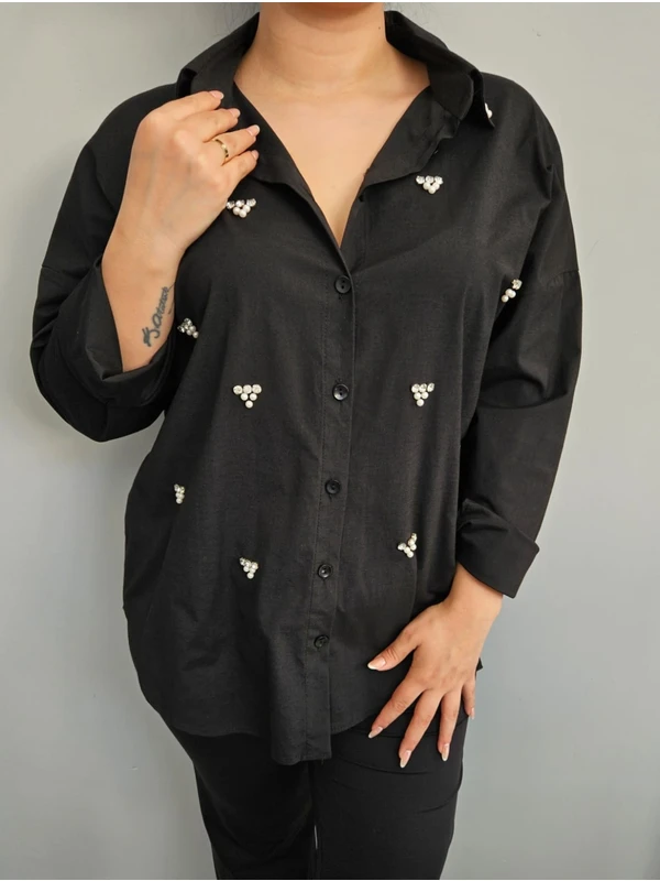 Butik Nilyam Kadın Büyük Beden Taş Detaylı Gömlek 24024 Siyah