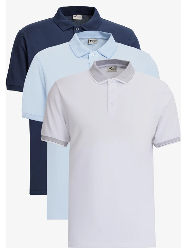 AC&Co / Altınyıldız Classics Erkek Beyaz-Lacivert-Açık Mavi 3'lü Çekmeyen Pamuklu Slim Fit Dar Kesim Kıvrılmaz Polo Yaka Tişört