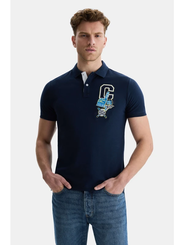 Ucla Franke Lacivert Polo Yaka Nakışlı Erkek Tshirt