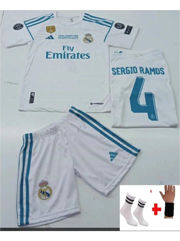 Sidas 2018 Real Madrid Sergio Ramos Şampi?yonlar Ligi Beyaz Çocuk Futbol Forması 4 Lü Set Retro GHJG789