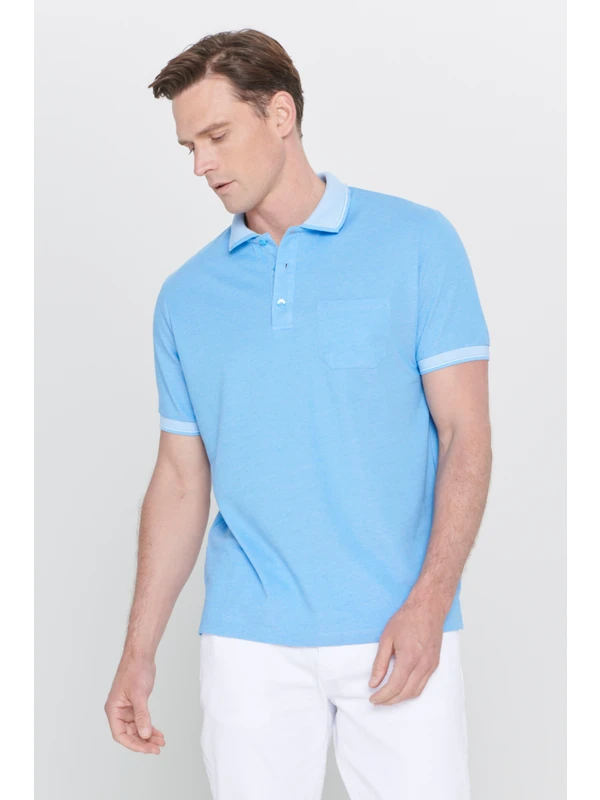 AC&Co / Altınyıldız Classics Erkek Çekmeyen Pamuklu Kumaş Regular Fit Rahat Kesim Mavi Kıvrılmaz Polo Yaka Cepli Tişört