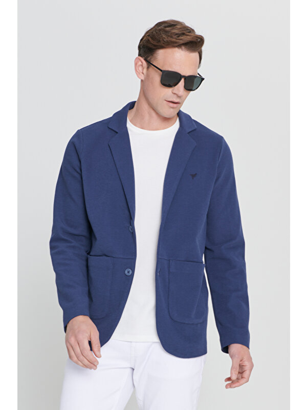 AC&Co / Altınyıldız Classics Erkek Lacivert Standart Fit Normal Kesim Gömlek Yaka Pamuklu Örme Blazer Ceket