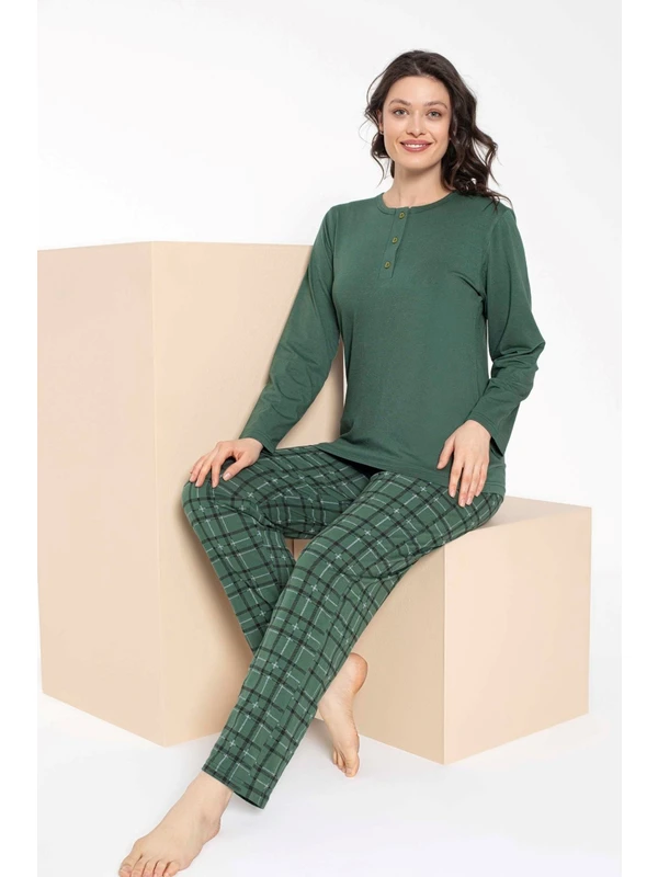 Bie's KADIN-Çift Sevgili Eş Kombini Yeşil Ekose Desen Modal Uzun Kol Pijama Takımı-Tek Ürün Fiyatıdır-