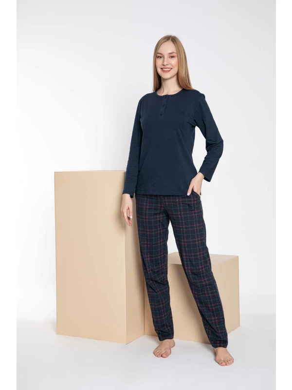 Bie's KADIN-Çift Sevgili Eş Kombini Lacivert Ekose Desen Modal Uzun Kol Pijama Takımı-Tek Ürün Fiyatıdır-