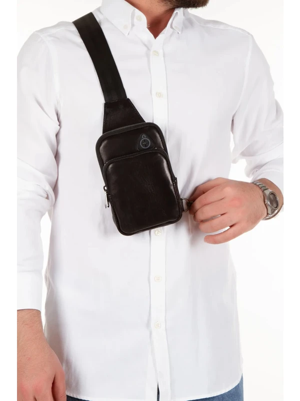 Erkek Siyah Hakiki Deri Telefon Cüzdan Bölmeli USB Kulaklık Çıkışlı Çapraz Göğüs ve Omuz Çantası tul010-t
