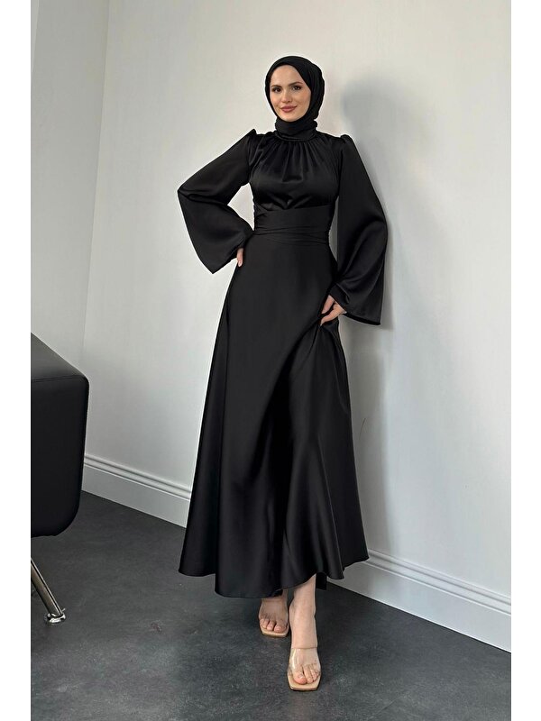 Merven Akyüz Violet Ispanyol Kol Belden Bağlama Saten Elbise Siyah