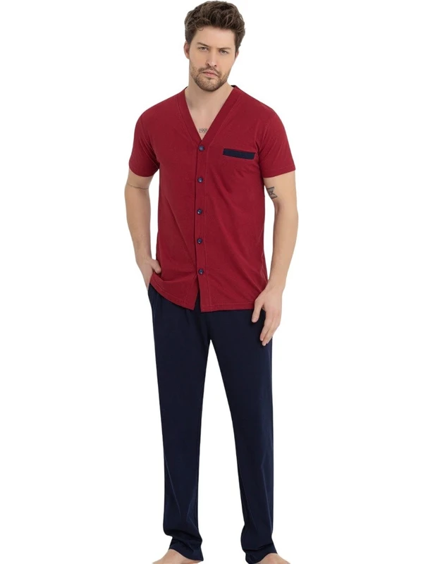 Bie's Erkek Önden Düğmeli Gömlek Yaka %100 Pamuk Süprem Kısa Kol Göğüs Cepli Pijama Takımı