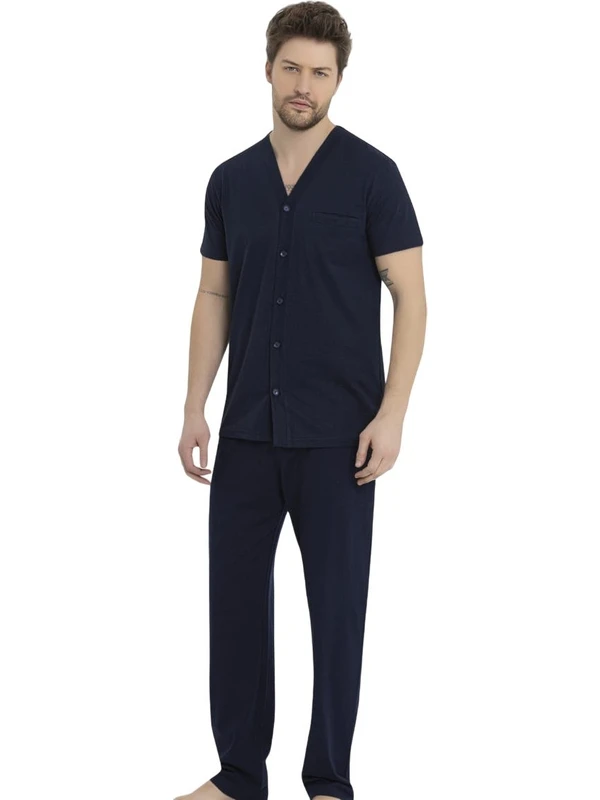 Bie's Erkek Önden Düğmeli Gömlek Yaka %100 Pamuk Süprem Kısa Kol Göğüs Cepli Pijama Takımı