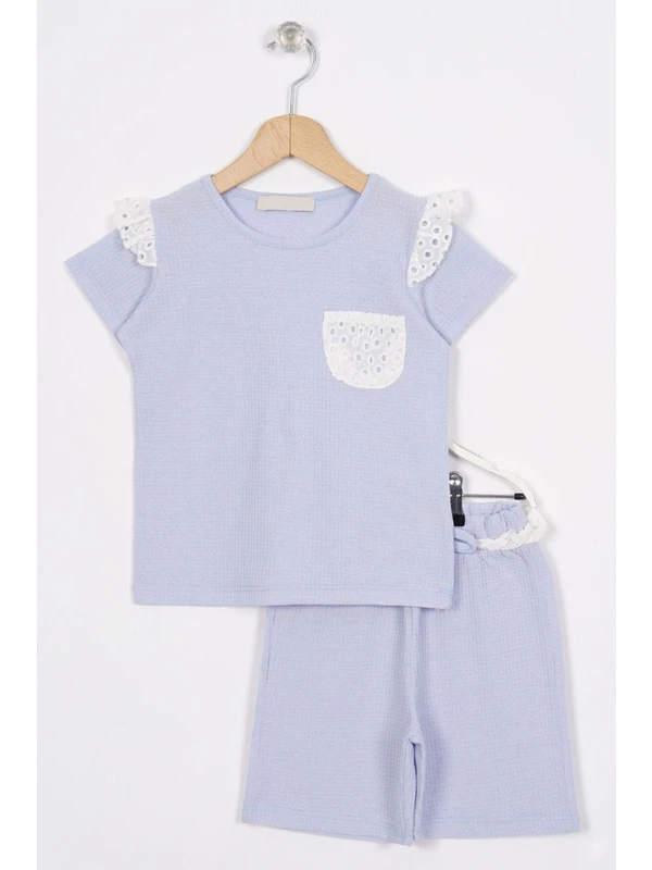 Zepkids Garnili Cep Detaylı Bebek Mavisi Renk Kız Çocuk Şortlu Takım