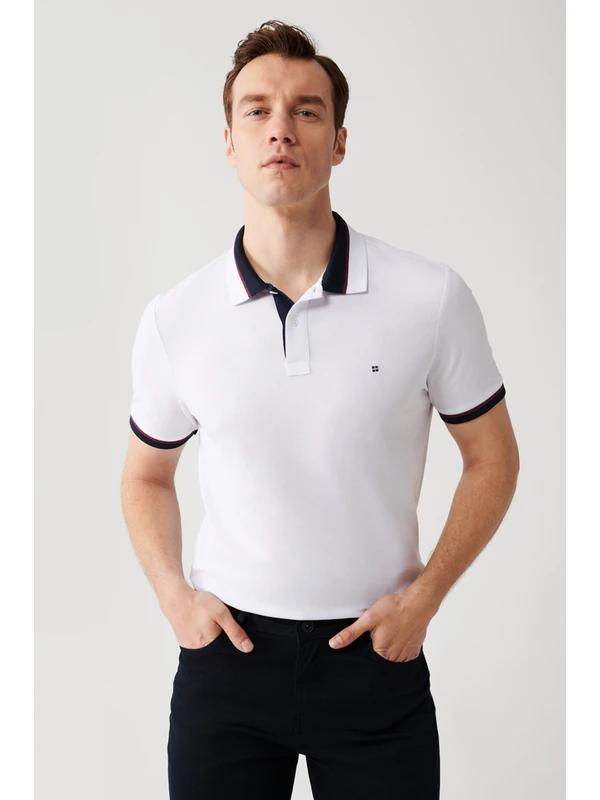 Avva Erkek Beyaz Yakası Çizgili %100 Pamuk Regular Fit 2 Düğmeli Polo Yaka T-shirt E001036
