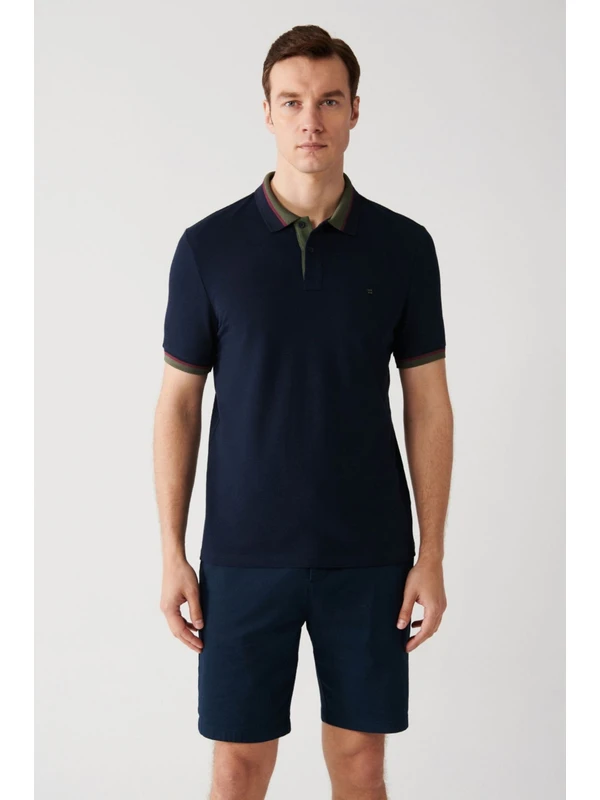 Avva Erkek Lacivert Yakası Çizgili %100 Pamuk Regular Fit 2 Düğmeli Polo Yaka T-shirt E001036