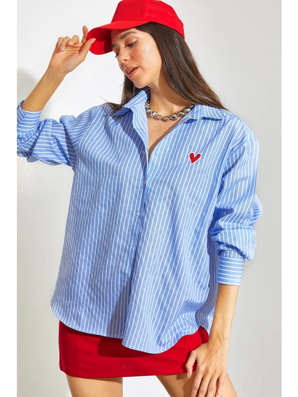 Shade Kadın Nakış Kalp Işlemeli Çizgili Gömlek