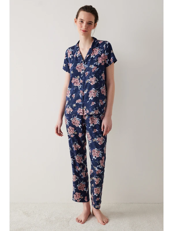 Penti Concept Floral Gömlek Pantolon Lacivert Pijama Takımı