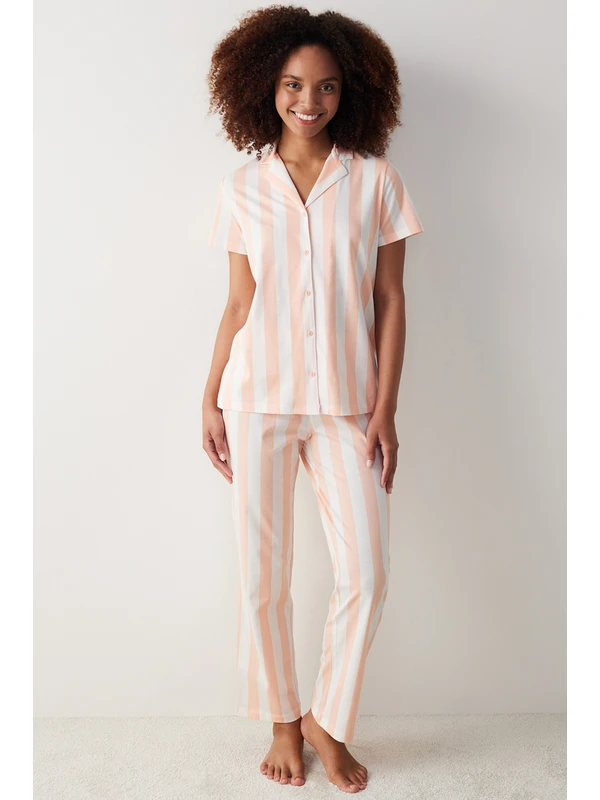 Penti Ent Peach Striped Gömlek Pantolon Pijama Takımı