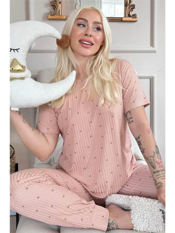 Pijama Evi Karamel Kalp Desenli Kısa Kol Örme Zincir Kadın Pijama Takımı