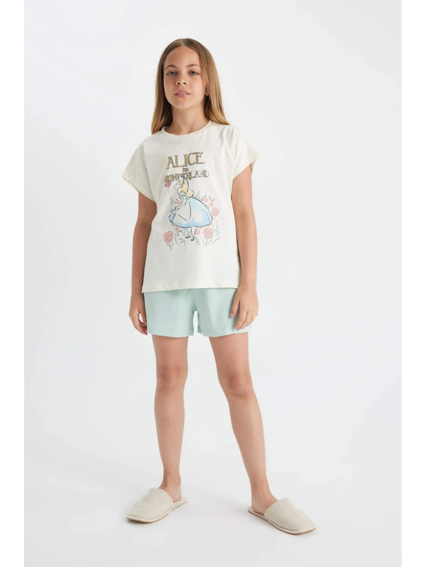 DeFacto Kız Çocuk Alice In Wonderland Boxy Fit Kısa Kollu Şortlu Pijama Takımı C8521A824SM